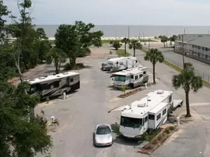 RV park with palm trees and nearby beach